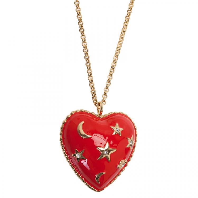 Pre Owned Moschino Moon And Stars Wide Red Pendant Necklace
