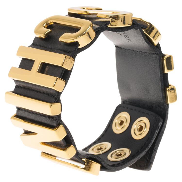 Pre Owned Moschino Logo Plaque Black Leather Cuff Bracelet