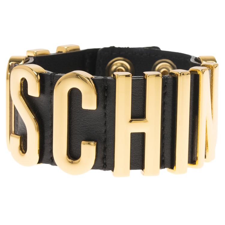 Pre Owned Moschino Logo Plaque Black Leather Cuff Bracelet
