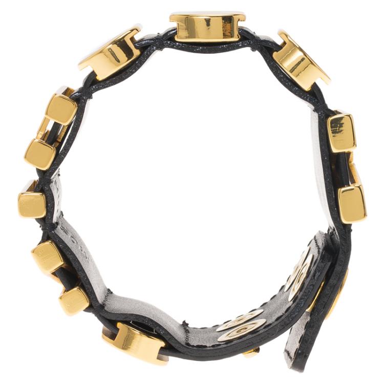 Pre Owned Moschino Logo Plaque Black Leather Cuff Bracelet