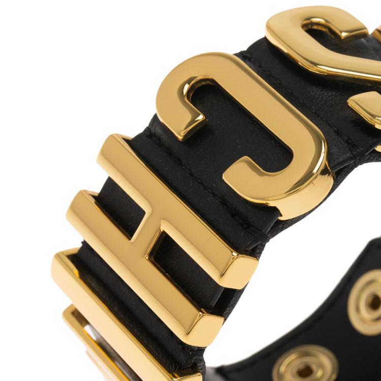 Pre Owned Moschino Logo Plaque Black Leather Cuff Bracelet