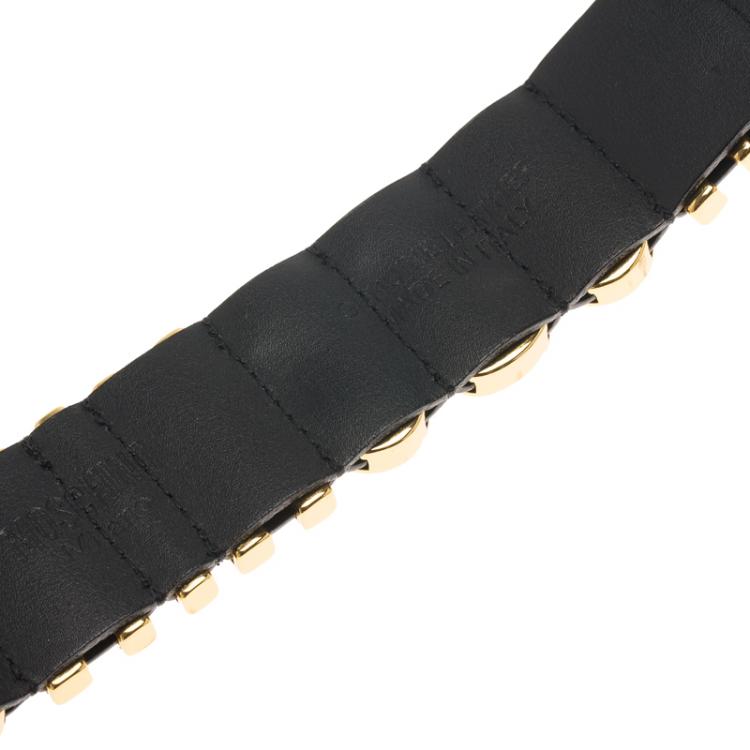 Pre Owned Moschino Logo Plaque Black Leather Cuff Bracelet