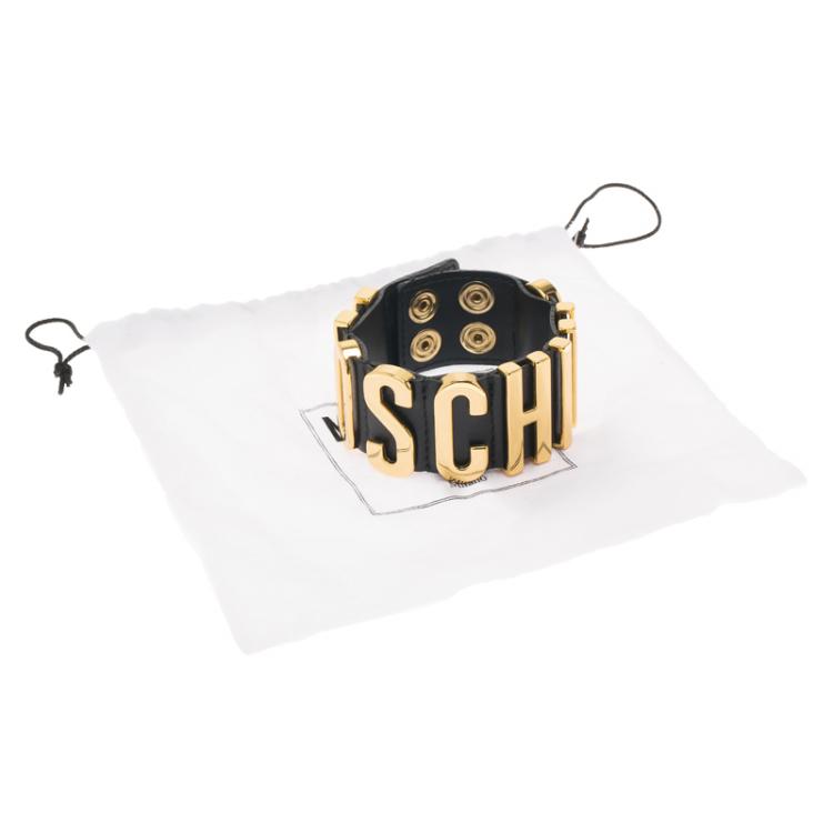 Pre Owned Moschino Logo Plaque Black Leather Cuff Bracelet