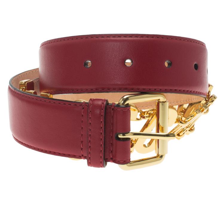 Pre Owned Moschino Red Leather Logo Chain Belt 95 CM