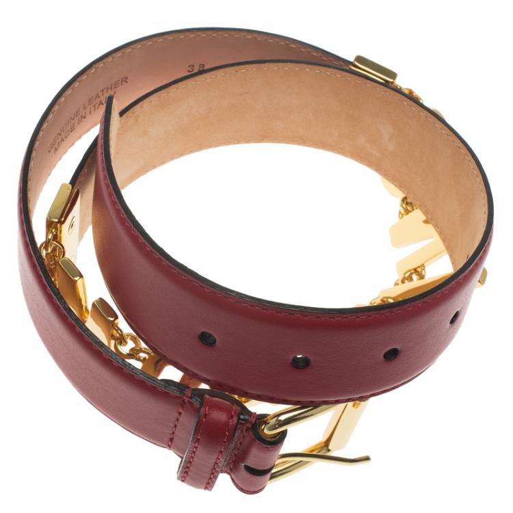 Pre Owned Moschino Red Leather Logo Chain Belt 95 CM