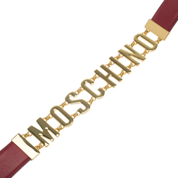Pre Owned Moschino Red Leather Logo Chain Belt 95 CM