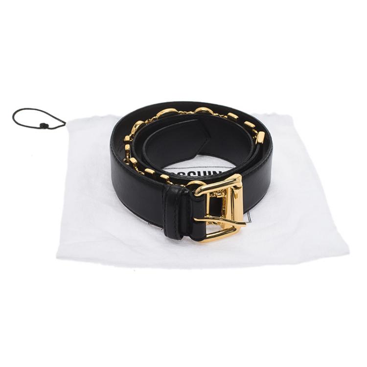 مملوكة مسبقًا Moschino Black Leather Logo Chain Belt 115 CM
