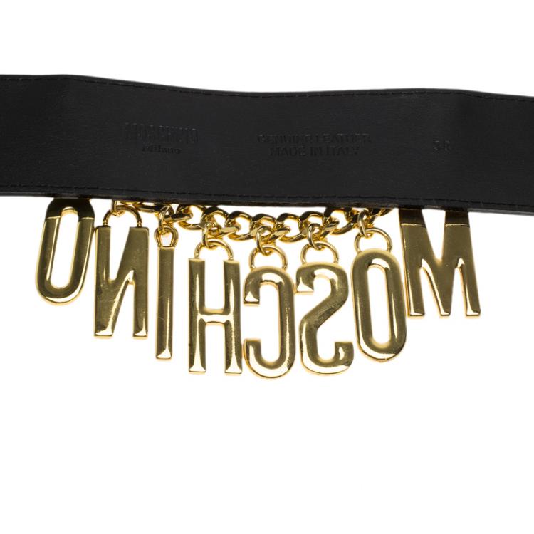 Pre Owned Moschino Black Leather Logo Charm Belt 95CM