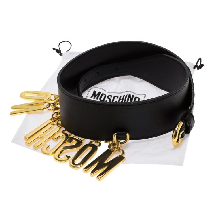 Pre Owned Moschino Black Leather Logo Charm Belt 95CM