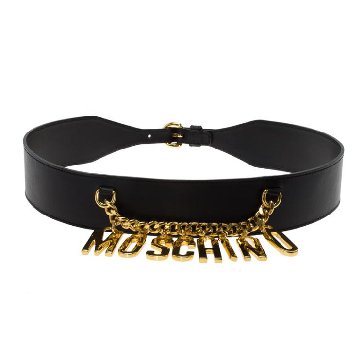 Moschino Black Leather Logo Charm Belt 