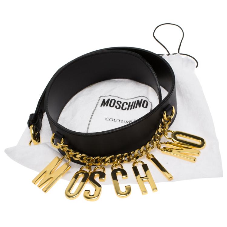 مملوكة مسبقًا Moschino Black Leather Logo Charm Belt 105CM