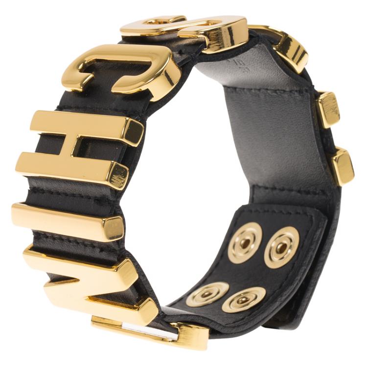 Pre Owned Moschino Logo Plaque Black Leather Cuff Bracelet