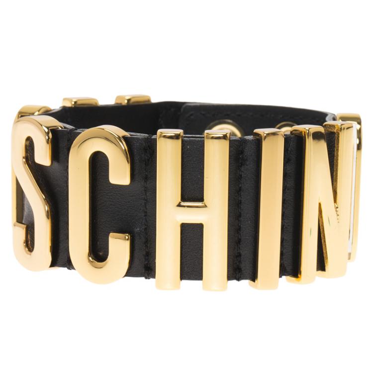 Pre Owned Moschino Logo Plaque Black Leather Cuff Bracelet