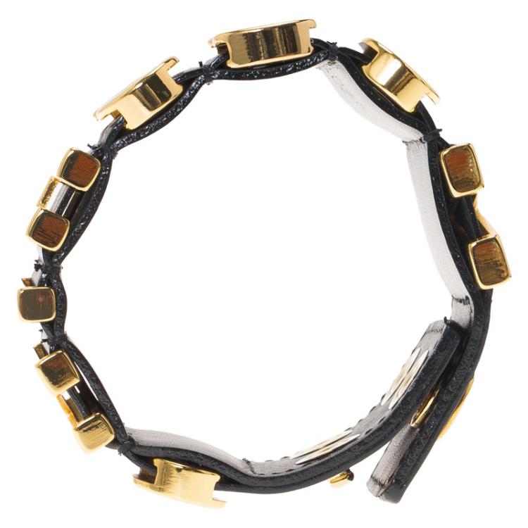 Pre Owned Moschino Logo Plaque Black Leather Cuff Bracelet
