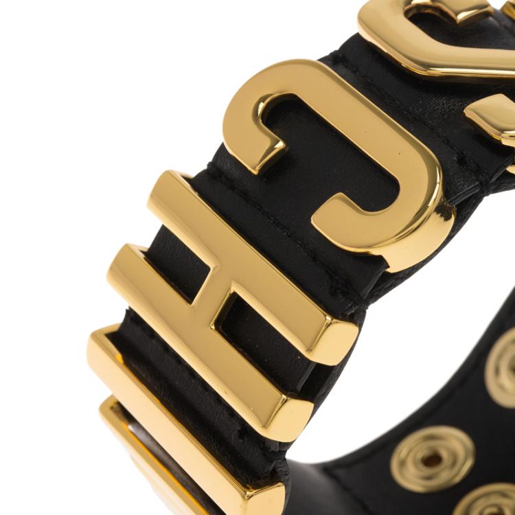 Pre Owned Moschino Logo Plaque Black Leather Cuff Bracelet