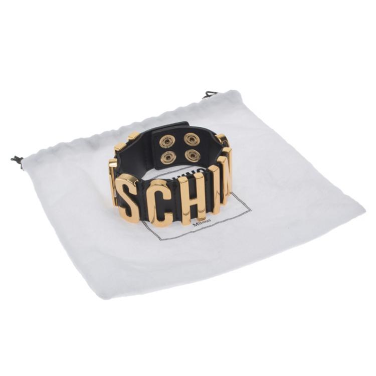 Pre Owned Moschino Logo Plaque Black Leather Cuff Bracelet