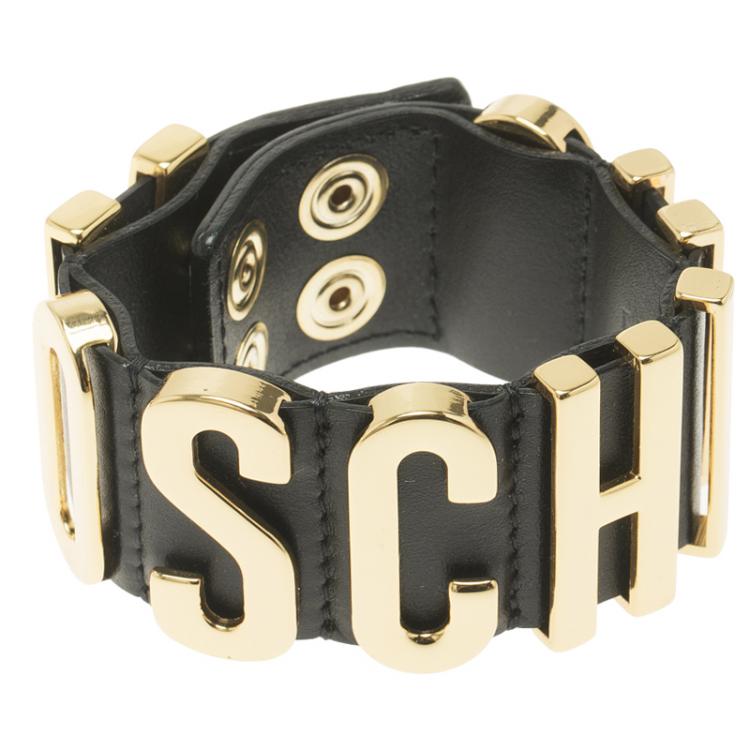 Pre Owned Moschino Logo Black Leather Gold Tone Cuff Bracelet S