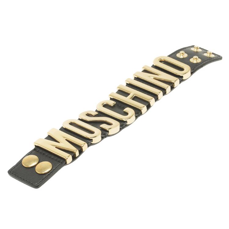 Pre Owned Moschino Logo Black Leather Gold Tone Cuff Bracelet S