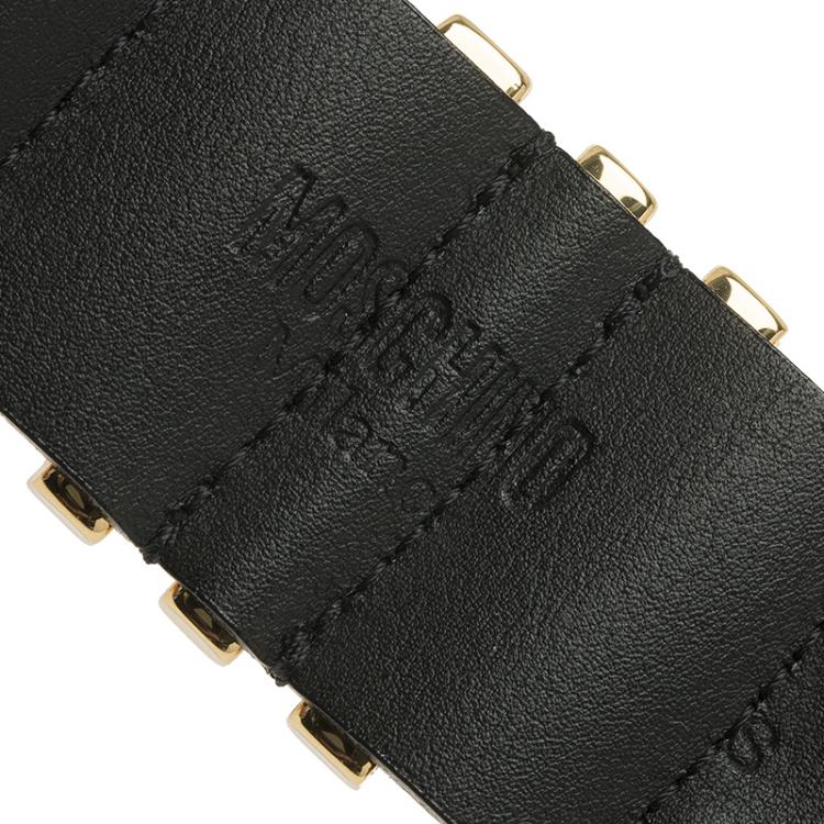 Pre Owned Moschino Logo Black Leather Gold Tone Cuff Bracelet S