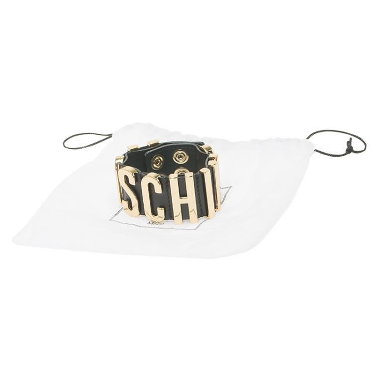 Pre Owned Moschino Logo Black Leather Gold Tone Cuff Bracelet S