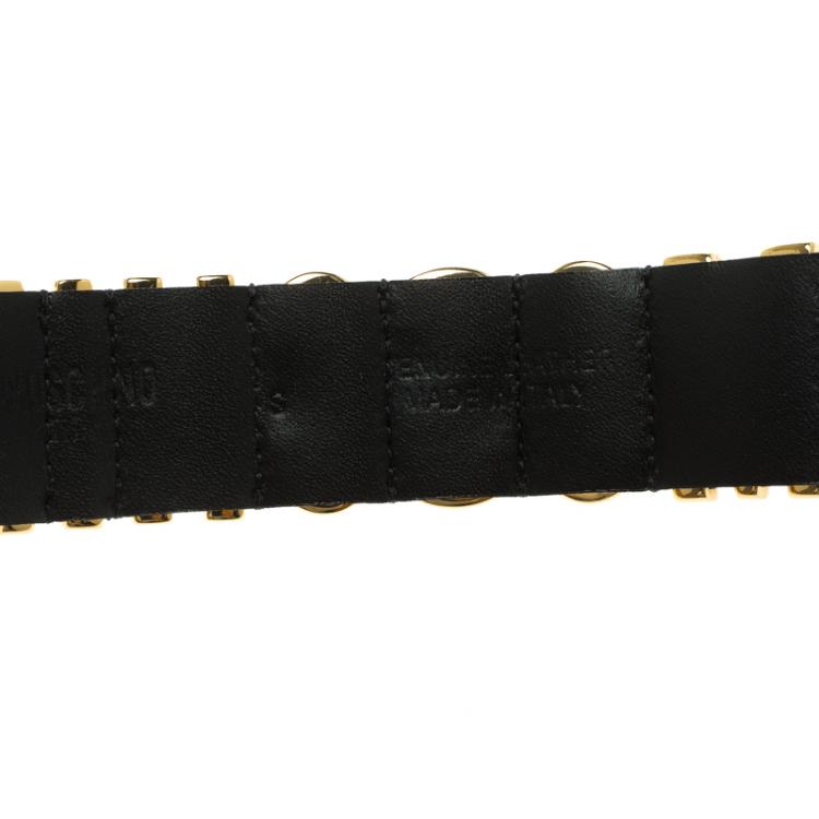 Pre Owned Moschino Logo Plaque Black Leather Cuff Bracelet