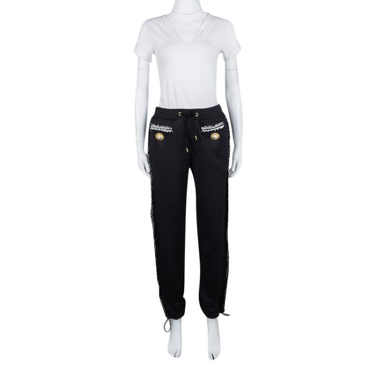 Pre Owned Moschino Couture Black Knit Crochet Trim Smiley Face Button Sweatpants S