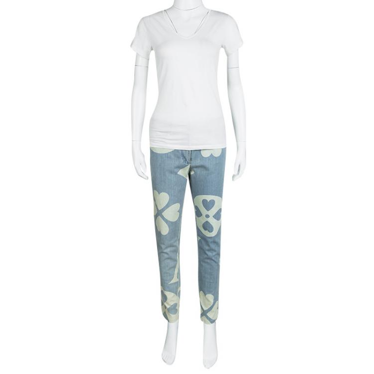Pre Owned Moschino Couture SS 2015 Blue Symbols Print Light Wash Denim Jeans M