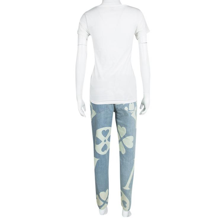 Pre Owned Moschino Couture SS 2015 Blue Symbols Print Light Wash Denim Jeans M