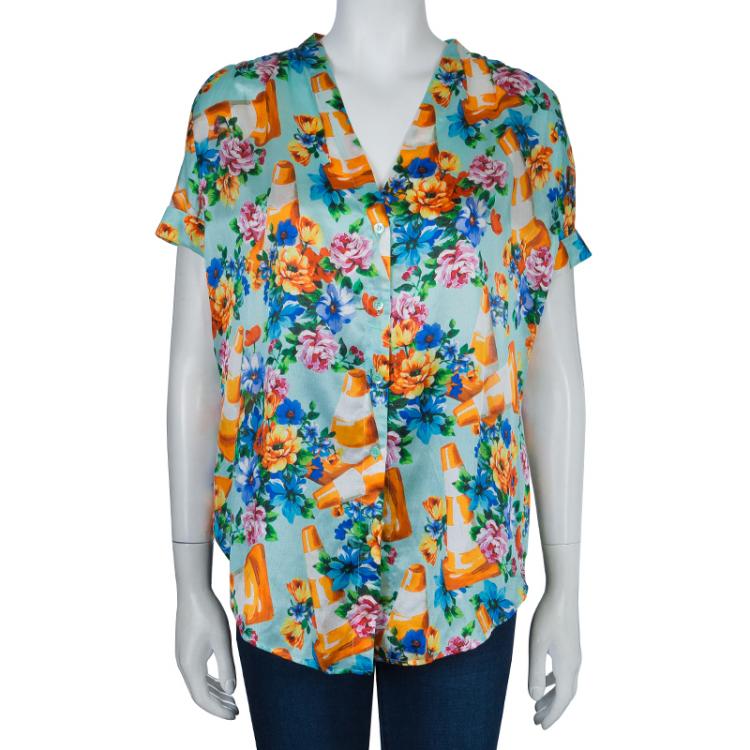 Pre Owned Moschino Couture Multicolor Floral Print Buttondown Short Sleeve Blouse M