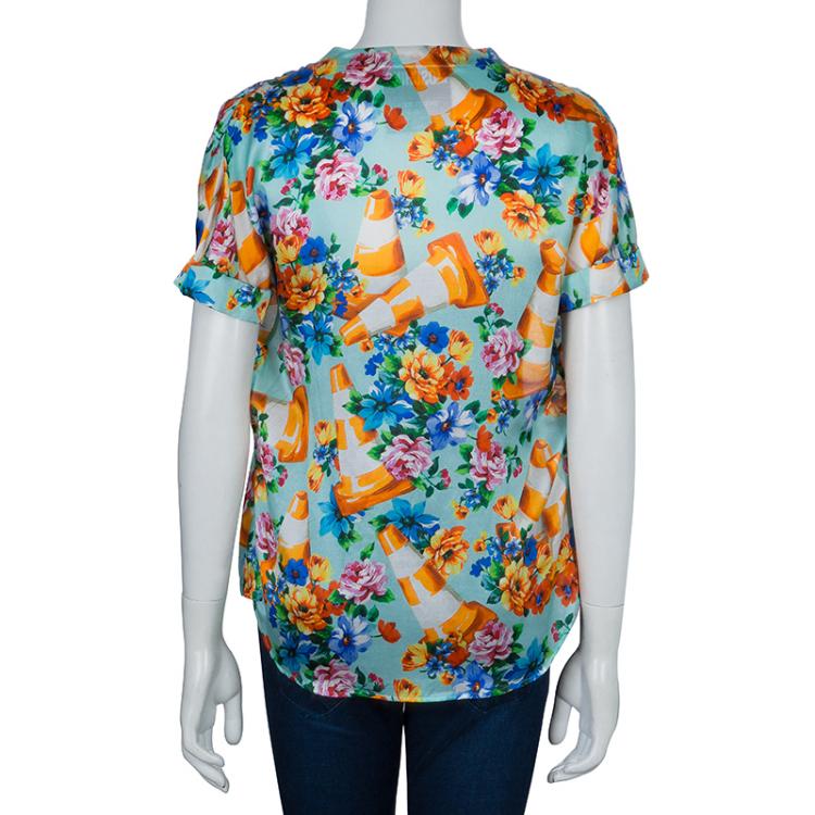 Pre Owned Moschino Couture Multicolor Floral Print Buttondown Short Sleeve Blouse M