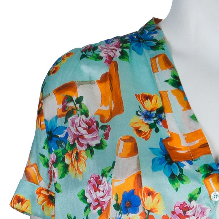Pre Owned Moschino Couture Multicolor Floral Print Buttondown Short Sleeve Blouse M