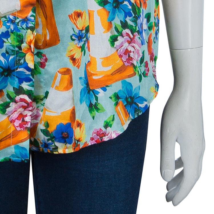 Pre Owned Moschino Couture Multicolor Floral Print Buttondown Short Sleeve Blouse M