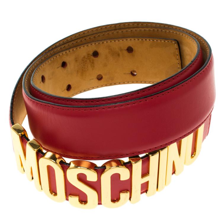 Pre Owned Moschino Red Leather Logo Belt 110 CM