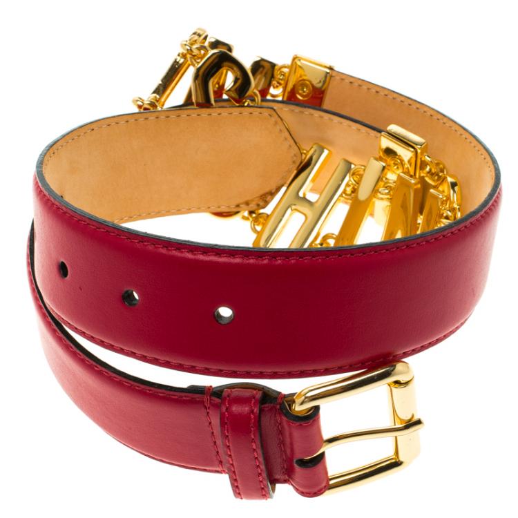 Pre Owned Moschino Red Leather Logo Chain Belt 100 CM