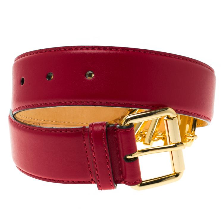 Pre Owned Moschino Red Leather Logo Chain Belt 100 CM