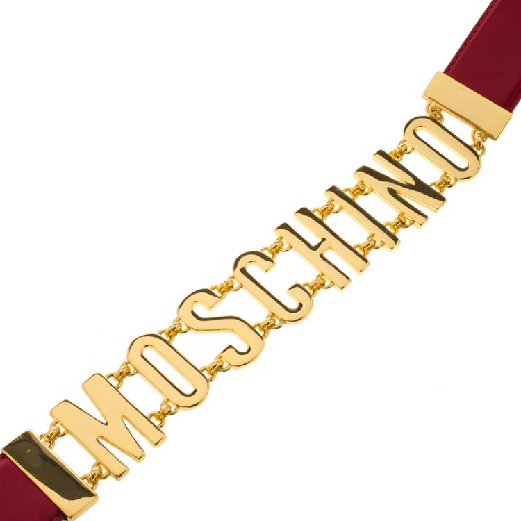 Pre Owned Moschino Red Leather Logo Chain Belt 100 CM