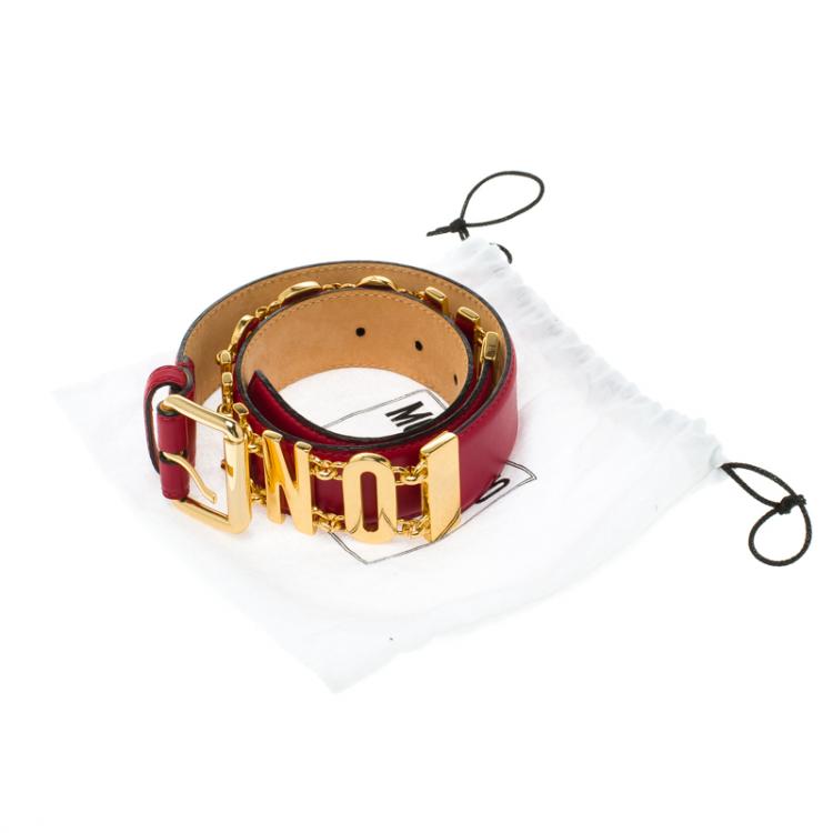 Pre Owned Moschino Red Leather Logo Chain Belt 100 CM