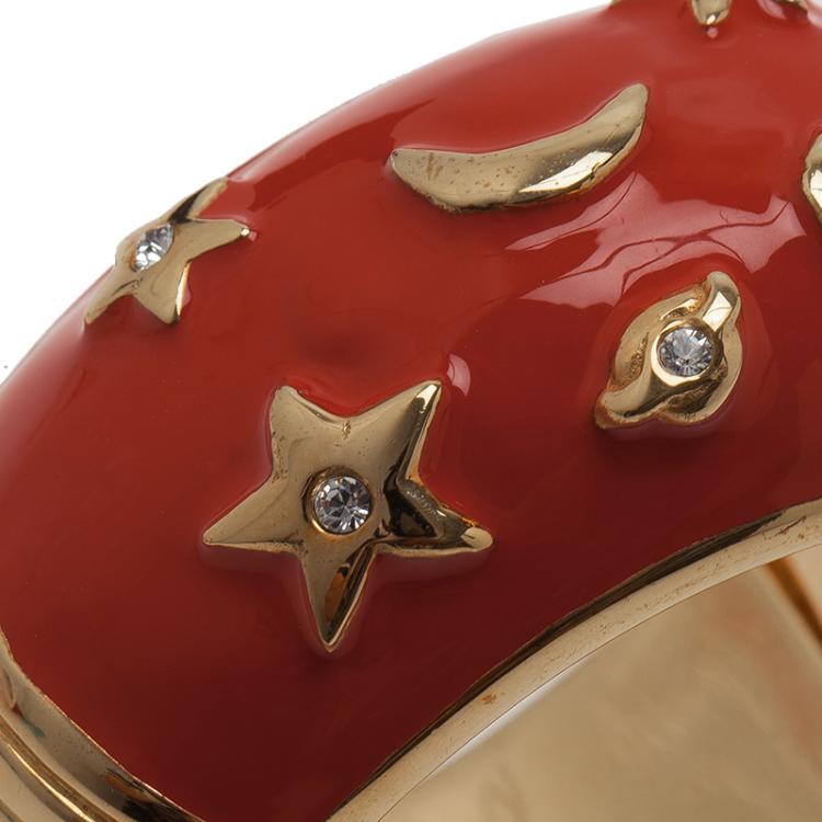 Pre Owned Moschino Moon and Stars Wide Red Bangle Bracelet
