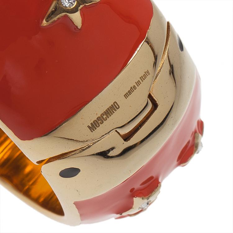 Pre Owned Moschino Moon and Stars Wide Red Bangle Bracelet