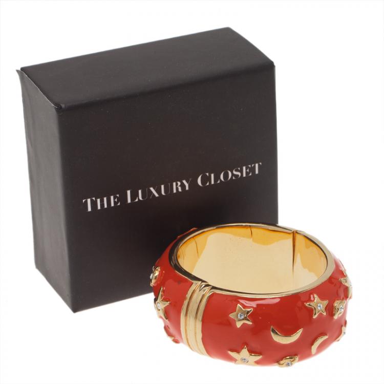 Pre Owned Moschino Moon and Stars Wide Red Bangle Bracelet