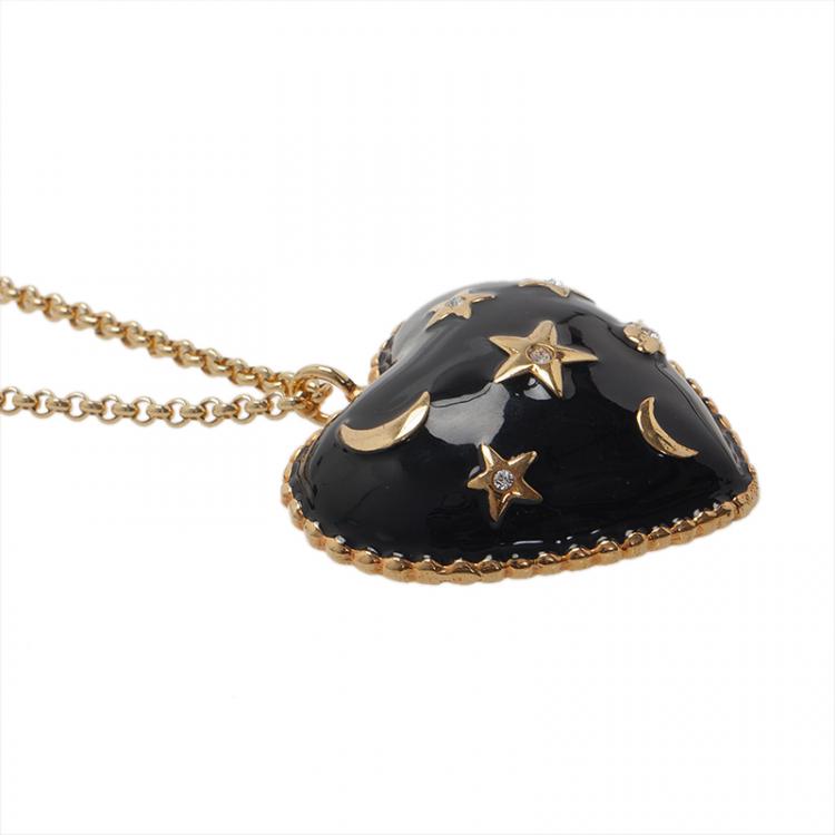 Pre Owned Moschino Moon And Stars Wide Black Pendant Necklace