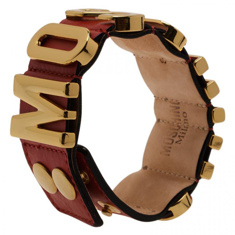 Pre Owned Moschino Logo Red Leather Bracelet