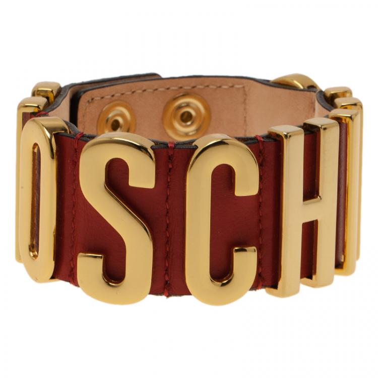 Pre Owned Moschino Logo Red Leather Bracelet