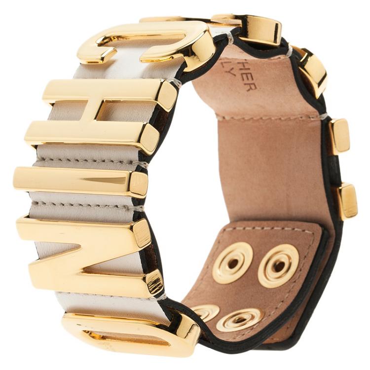 Pre Owned Moschino Logo Wide White Leather Gold Tone Bracelet