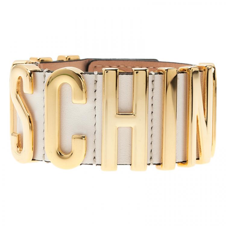 Pre Owned Moschino Logo Wide White Leather Gold Tone Bracelet
