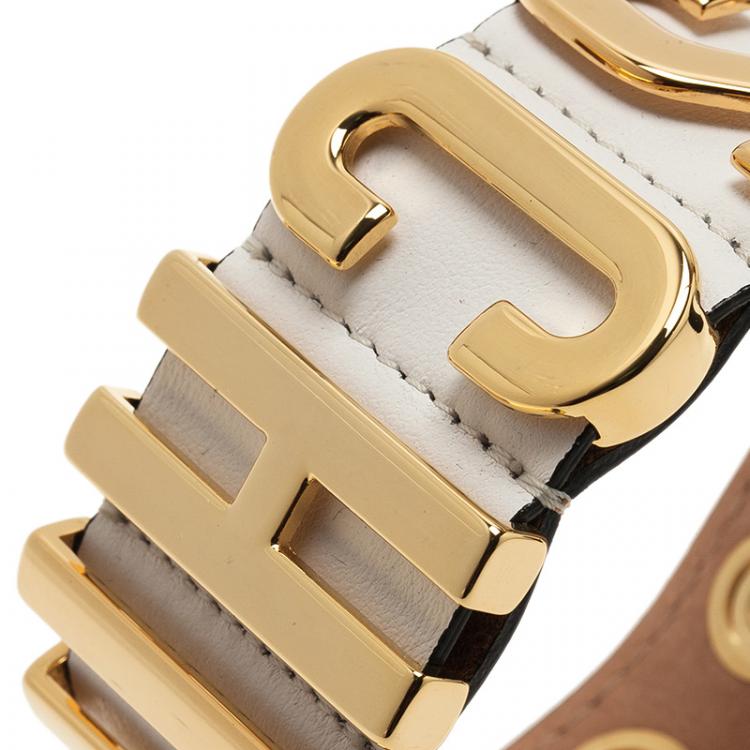 Pre Owned Moschino Logo Wide White Leather Gold Tone Bracelet