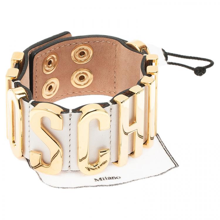 Pre Owned Moschino Logo Wide White Leather Gold Tone Bracelet