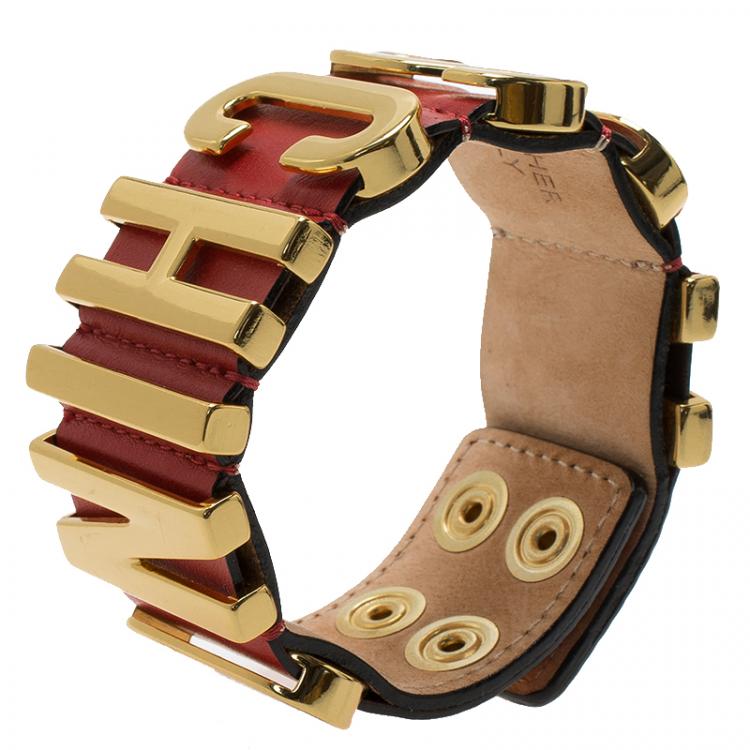 Pre Owned Moschino Logo Red Leather Bracelet