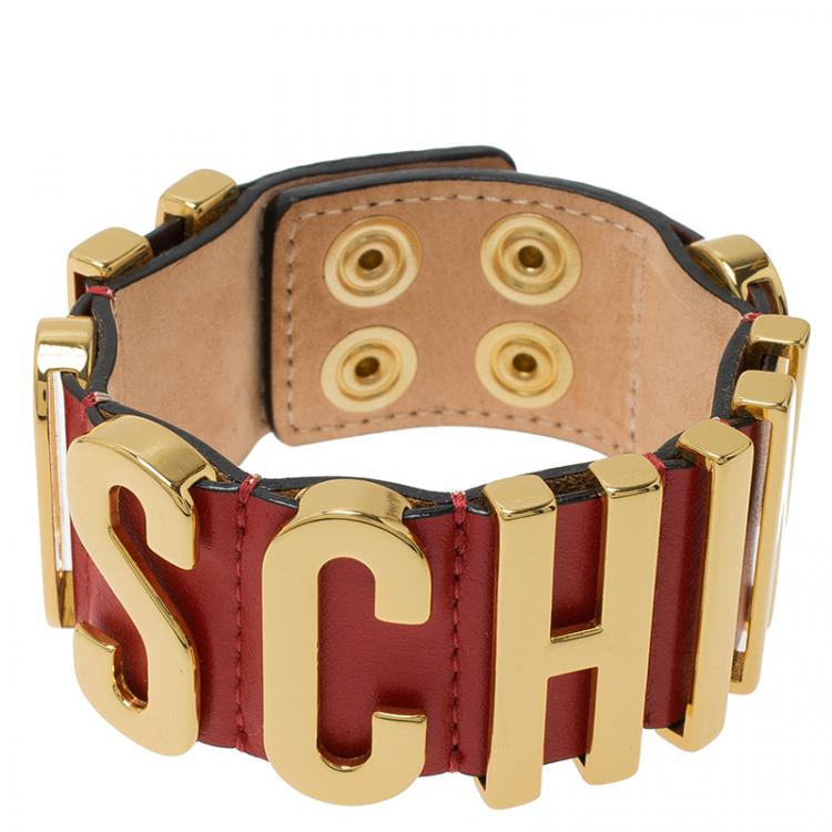 Pre Owned Moschino Logo Red Leather Bracelet