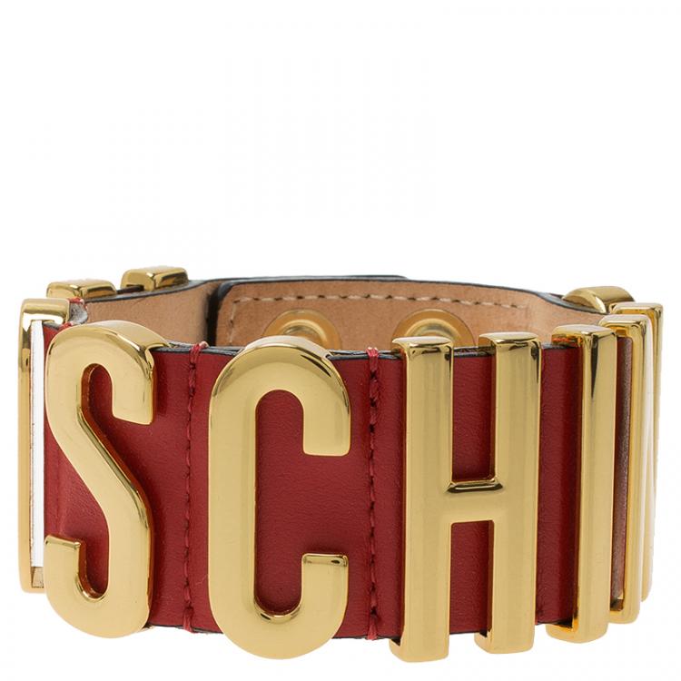 Pre Owned Moschino Logo Red Leather Bracelet